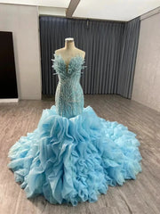 White Pearl Mermaid Wedding Dresses Tiered Strapless Pageant Dress 231040