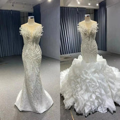 White Pearl Mermaid Wedding Dresses Tiered Strapless Pageant Dress 231040