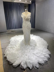 White Pearl Mermaid Wedding Dresses Tiered Strapless Pageant Dress 231040