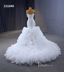 White Pearl Mermaid Wedding Dresses Tiered Strapless Pageant Dress 231040
