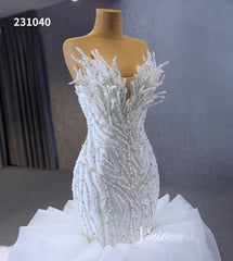 White Pearl Mermaid Wedding Dresses Tiered Strapless Pageant Dress 231040