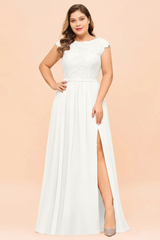 Plus Size Bridesmaid Dress Lace with Split Cap Sleeves Chiffon Wedding Guest Dress