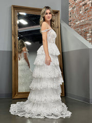 White Princess A Line Off the Shoulder White Corset Prom Dress with Lace Ruffles