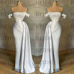 White Prom Dress Sleeveless Elegant Pleated Off-the-Shoulder Satin Evening Dress