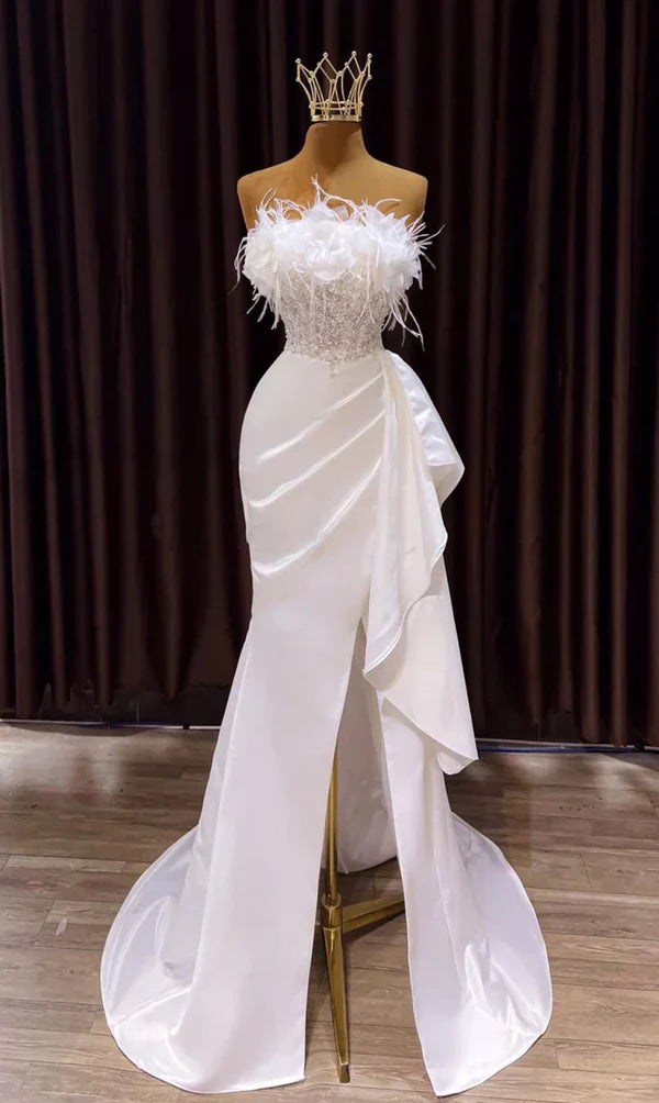 White Prom Dress, Vintage Mermaid Long Slit White Wedding Dresses