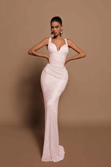 Glamorous Pink Sequin Mermaid Prom Dress Sleeveless with V-Neck