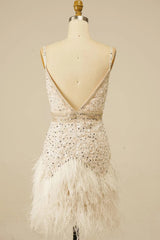 White Sequins Tight Short Homecoming Dress with Feathers