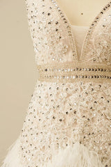 White Sequins Tight Short Homecoming Dress with Feathers