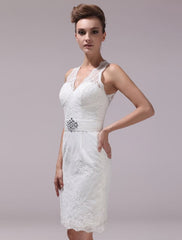 White Sheath Rhinestone Knee-Length Lace Wedding Reception Dress With V-Neck Exclusive
