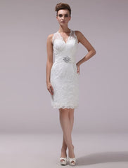 White Sheath Rhinestone Knee-Length Lace Wedding Reception Dress With V-Neck Exclusive