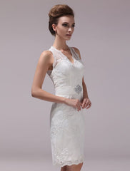 White Sheath Rhinestone Knee-Length Lace Wedding Reception Dress With V-Neck Exclusive