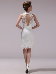 White Sheath Rhinestone Knee-Length Lace Wedding Reception Dress With V-Neck Exclusive