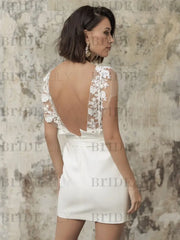 White Short Wedding Dresses Illusion Jewel Neck Short Sleeves Sheath Lace Bows Cut-Outs Ruffles Bridal Dresses