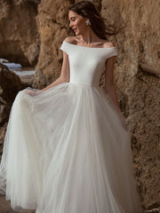 White Simple Wedding Dress A-Line Bateau Neck Off-Shoulder Sleeveless Pleated Tulle Bridal Dresses