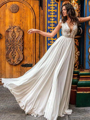 White Simple Wedding Dress A-Line Court Train V-Neck Natural Waistline Sleeveless Chiffon Lace Bridal Dresses
