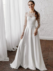 White Simple Wedding Dress A-Line Long Sleeves Pearls Lace Bridal Gowns