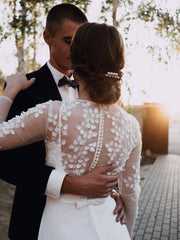 White Simple Wedding Dress A-Line Long Sleeves Pearls Lace Bridal Gowns