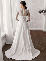 White Simple Wedding Dress A-Line Long Sleeves Pearls Lace Bridal Gowns