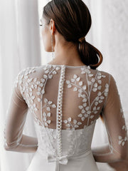 White Simple Wedding Dress A-Line Long Sleeves Pearls Lace Bridal Gowns