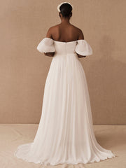 White Simple Wedding Dress A-Line Off The Shoulder Chiffon Strapless Long Bridal Dresses