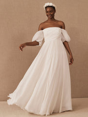 White Simple Wedding Dress A-Line Off The Shoulder Chiffon Strapless Long Bridal Dresses