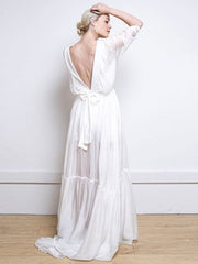 White Simple Wedding Dress A-Line V-Neck Half Sleeves Backless Tulle Satin Fabric Long Bridal Gowns