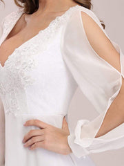 White Simple Wedding Dress A-Line V-Neck Long Sleeves Natural Waist Chiffon Long Bridal Dresses