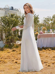 White Simple Wedding Dress A-Line V-Neck Long Sleeves Natural Waist Chiffon Long Bridal Dresses