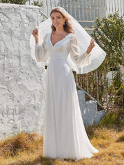 White Simple Wedding Dress A-Line V-Neck Long Sleeves Natural Waist Chiffon Long Bridal Dresses