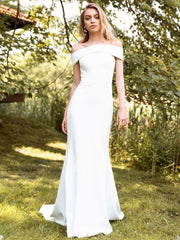 Bateau Neck Sleeveless Backless Satin White Long Mermaid Bridal Dress