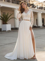 White Simple Wedding Dress Chiffon V-Neck Long Sleeves A-Line Split Lace Bridal Gowns