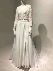 White Simple Wedding Dress Chiffon V-Neck Long Sleeves A-Line Split Lace Bridal Gowns