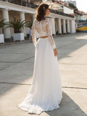 White Simple Wedding Dress Chiffon V-Neck Long Sleeves A-Line Split Lace Bridal Gowns