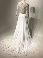 White Simple Wedding Dress Chiffon V-Neck Long Sleeves A-Line Split Lace Bridal Gowns