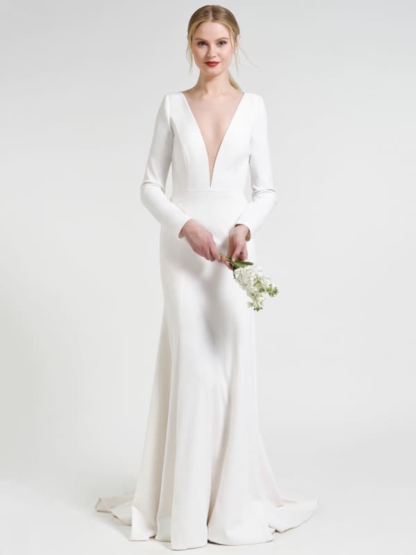 White Simple Wedding Dress Court Train Satin Fabric V-Neck 3/4 Length Sleeves Mermaid Bridal Gowns