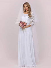 White Simple Wedding Dress Lace Jewel Neck Lace Chiffon Half Sleeves Natural Waist A-Line Bridal Dresses