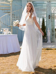 White Simple Wedding Dress Lace V-Neck Short Sleeves Backless Ruffles A-Line Natural Waist Long Bridal Gowns