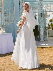 White Simple Wedding Dress Lace V-Neck Short Sleeves Backless Ruffles A-Line Natural Waist Long Bridal Gowns
