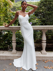 White Simple Wedding Dress Mermaid V-Neck Sleeveless Spaghetti Straps Satin Split Front Bridal Gowns