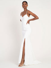 White Simple Wedding Dress Mermaid V-Neck Sleeveless Spaghetti Straps Satin Split Front Bridal Gowns
