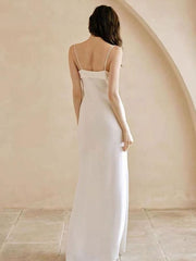 White Simple Wedding Dress Polyester Designed Neckline Spaghetti Straps Bows Polyester Sheath Floor-Length Bridal Dresses