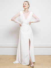 White Simple Wedding Dress Satin Fabric V-Neck Long Sleeves A-Line Tulle Satin Fabric Long Bridal Dresses