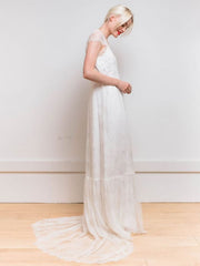 White Simple Wedding Dress Satin Fabric V-Neck Short Sleeves Backless A-Line Long Bridal Gowns