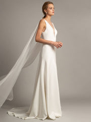 White Simple Wedding Dress Satin V-Neck Sleeveless Ruffles A-Line Long Bridal Gowns