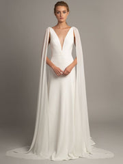 White Simple Wedding Dress Satin V-Neck Sleeveless Ruffles A-Line Long Bridal Gowns