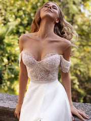 White Simple Wedding Dress Satin Strapless Sleeveless A-Line Off The Shoulder Long Bridal Dresses