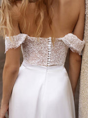 White Simple Wedding Dress Satin Strapless Sleeveless A-Line Off The Shoulder Long Bridal Dresses