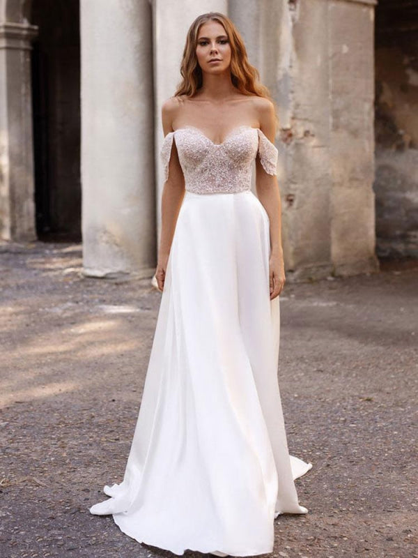 White Simple Wedding Dress Satin Strapless Sleeveless A-Line Off The Shoulder Long Bridal Dresses