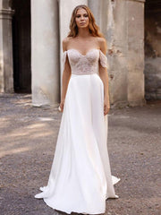 White Simple Wedding Dress Satin Strapless Sleeveless A-Line Off The Shoulder Long Bridal Dresses