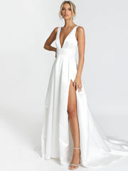 White Simple Wedding Dress Satin V-Neck Sleeveless Backless A-Line Bridal Dresses